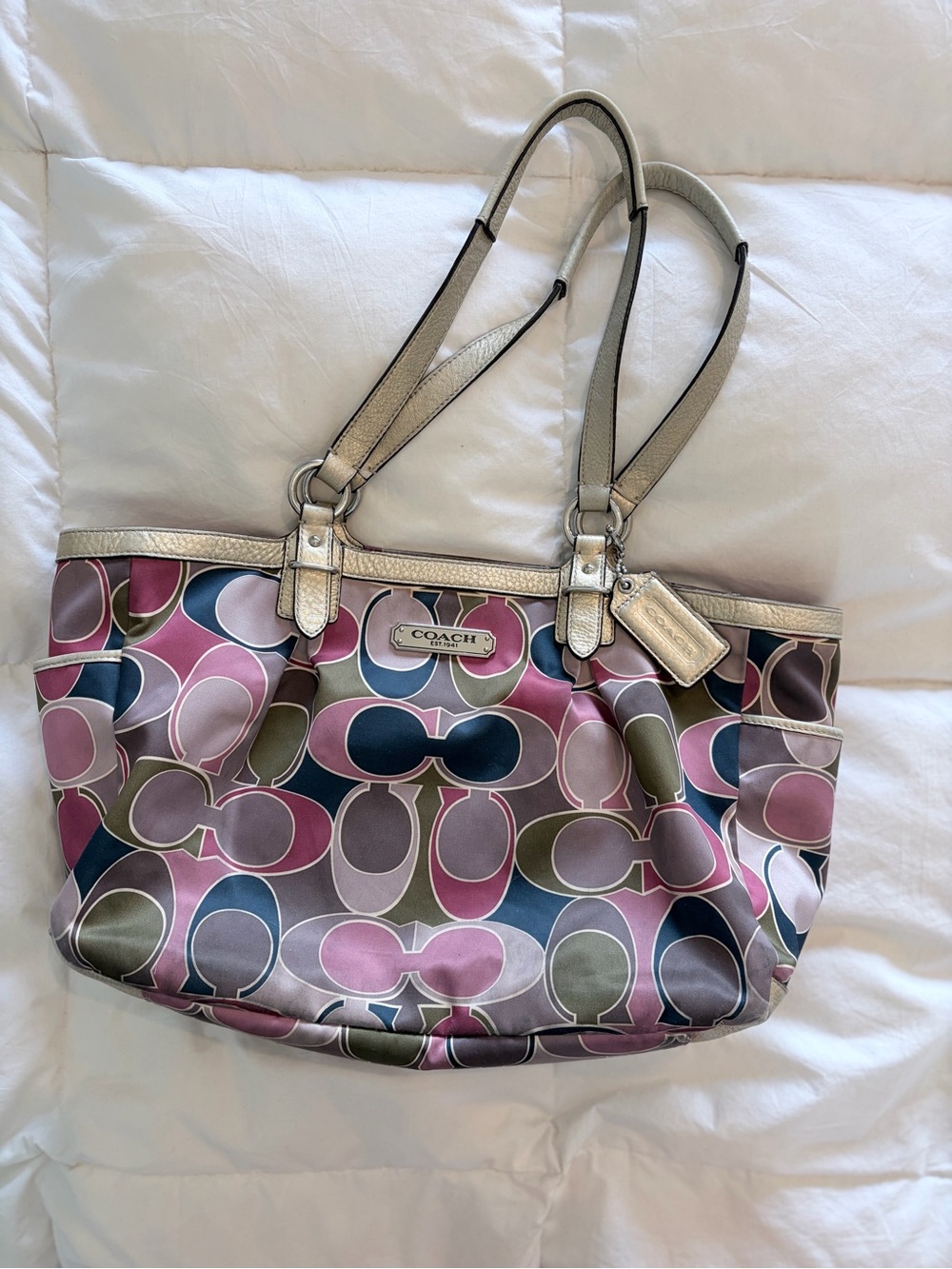 Coach Multicolor Pink Olive Navy Signature Tote with Metallic Trim